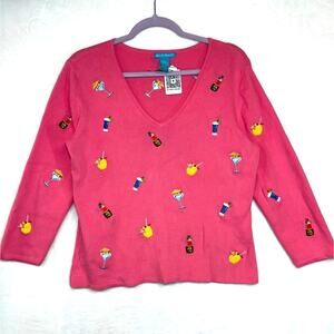 Alexandra Bartlett L Pink Sweater Embroidery Tropical Tiki Cocktail Beach Resort
